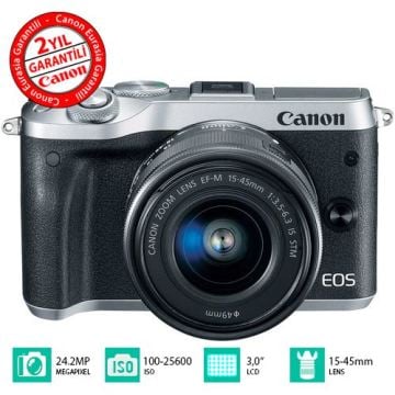 Canon EOS M6 15-45mm Gümüş Renk DSLR Fotoğraf Makinesi